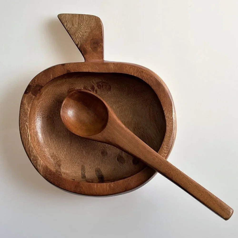 VINTAGE BOHO WOOD  DIPPING SAUCE BOWL WITH LADLE